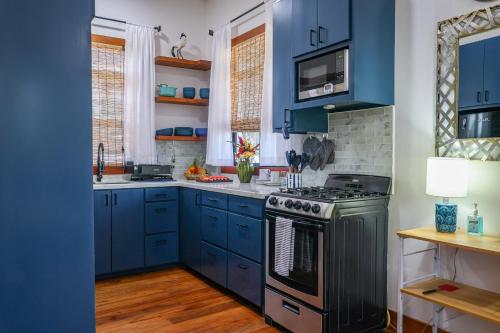 a blue kitchen with a stove and blue cabinets at The Lodge at Jaguar Reef in Hopkins