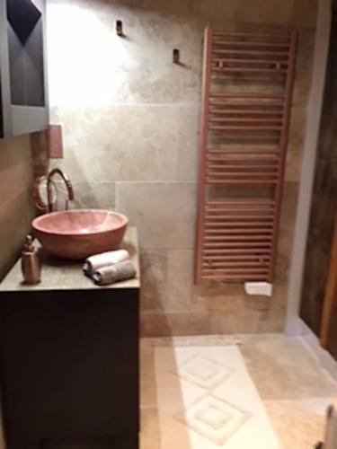 La salle de bains est pourvue d'un lavabo et d'un bol. dans l'établissement Appartement avec jardin de 30M2 privatif centre de Sarlat, à Sarlat-la-Canéda