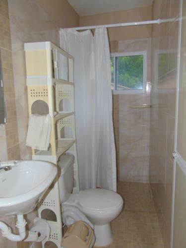 a bathroom with a toilet and a sink and a shower at Dunarinka in Minca
