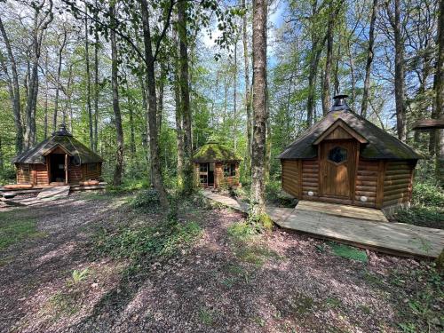two wooden cabins in the woods with trees at Domaine de la Jarnoise in Saint-Agnan