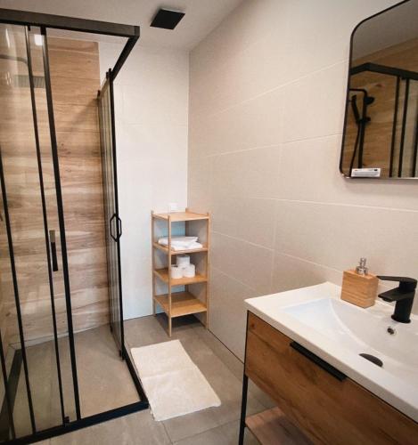 a bathroom with a shower and a sink at Szwedzki Zakątek in Szwecja