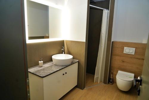 a bathroom with a sink and a toilet at Swiss Apartmani in Banja Luka