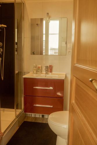 une salle de bain avec toilettes, lavabo et douche dans l'établissement Les appartements du village, à Nancy