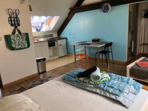 une personne dormant sur un lit dans un salon dans l'établissement Studio proche de la plage, à Dunkerque