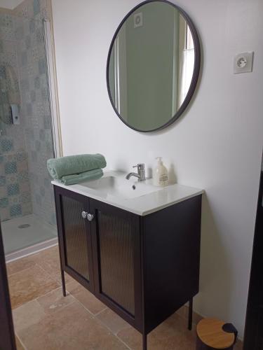 une salle de bain avec un lavabo et un miroir dans l'établissement Au 112 maison d'hôtes, à Estrées-Saint-Denis