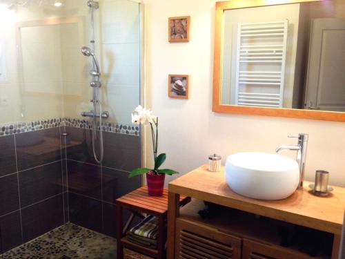 une salle de bain avec un lavabo et une douche dans l'établissement Villa proche mer, montagne, Espagne, à Sallèles-dʼAude