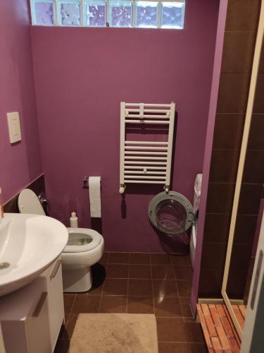 a purple bathroom with a toilet and a sink at Casa Berna in Rome