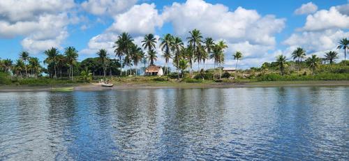 a body of water with palm trees and a house at Vila Casarão - Casa de Hóspedes in Caravellas