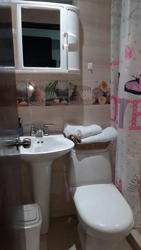 a bathroom with a toilet and a sink and a mirror at Apartamento en un 4to piso cerca al coliseo en Armenia in Armenia