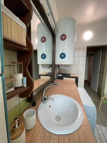 a bathroom counter with a sink in a room at Katrīnas apartamenti in Kuldīga