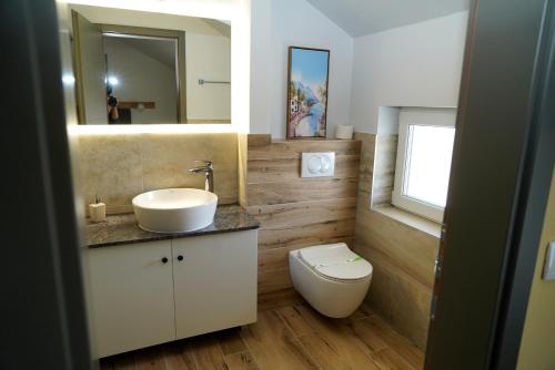 a bathroom with a sink and a toilet and a mirror at Swiss Apartmani in Banja Luka