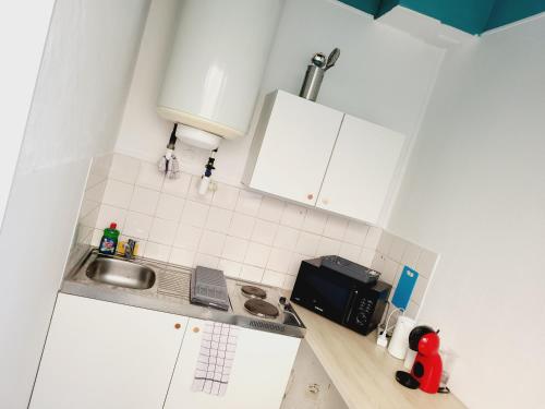 une petite cuisine avec un évier et un micro-ondes dans l'établissement Soleil, à Itteville