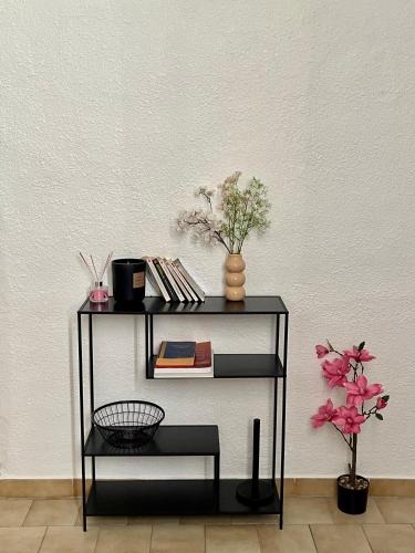 une étagère noire avec des livres et des fleurs sur un mur dans l'établissement appartement chaleureux ecuson, à Montpellier