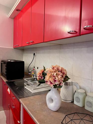 a kitchen with red cabinets and a vase of flowers on a counter at Apartment Sofija in Kotor