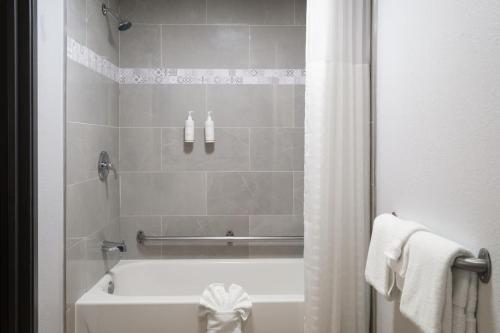 a bathroom with a shower and a white tub and a shower at Days Inn by Wyndham Columbus Worthington in Columbus