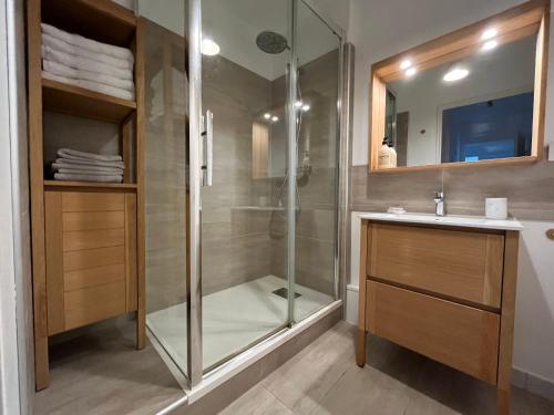 une salle de bain avec douche et lavabo dans l'établissement Eiffel tower view appartment, à Suresnes