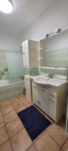 une salle de bain avec un lavabo et un miroir dans l'établissement Appartement 2 chambres presqu'île du Cap-Ferret, à Lège-Cap-Ferret