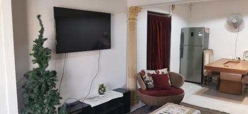 a living room with a christmas tree and a television on a wall at شقه فندقيه لوكس in Cairo