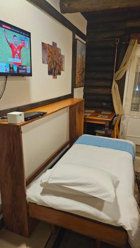 a bedroom with a bed with a tv on the wall at Aldeia Flor de Liz - Pedra Azul in Pedra Azul