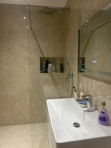 a bathroom with a white sink and a shower at Beachside Apartment Golem 55m2 in Golem