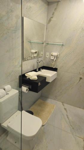 a bathroom with a toilet and a sink and a mirror at Aldeia Flor de Liz - Pedra Azul in Pedra Azul