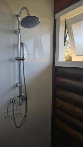 a shower in a bathroom with a glass wall at Aldeia Flor de Liz - Pedra Azul in Pedra Azul