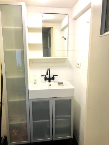 a bathroom with a sink and a mirror at Gezellig vrijstaand huisje in een mooie omgeving in Schipbork