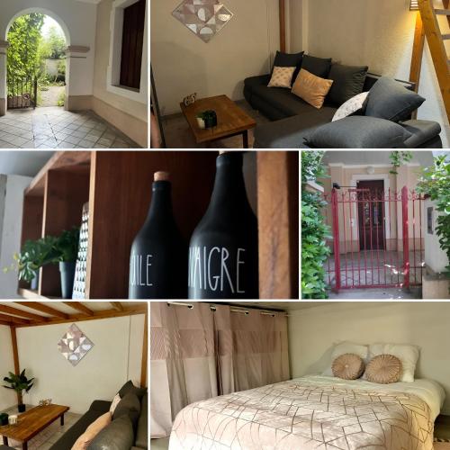 un collage de photos d'un salon avec canapé dans l'établissement Ecrin de verdure Hyper centre avec jardin commun, à Annecy