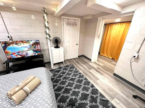a bedroom with a television and a bed with a rug at Serene Cityscape Sanctuary Close to Downtown Indianapolis - Unit #5 in Indianapolis