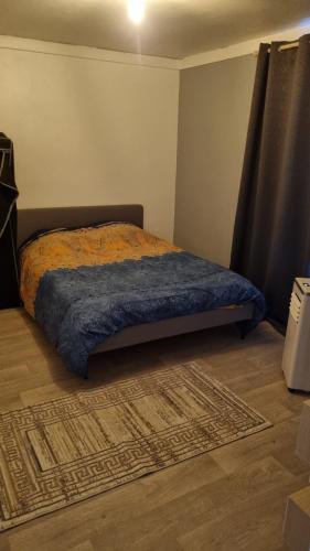 ein Schlafzimmer mit einem Bett mit einer blauen Decke und einem Teppich in der Unterkunft Bien etre in Drancy