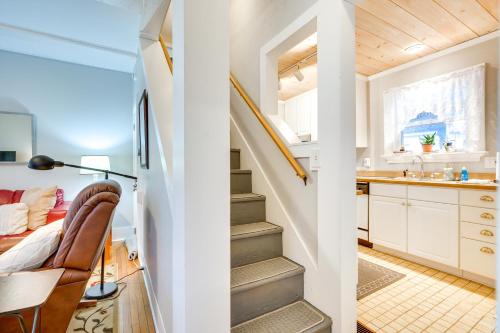 a kitchen and stairs in a tiny home at Prime Lakeside Village Location Apt with Kitchen! in Bemus Point
