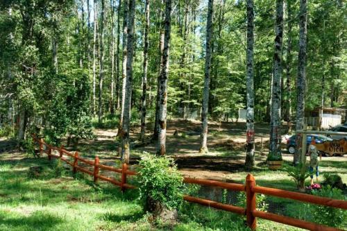a wooden fence in the middle of a forest at Cabañas villa ojen la pinta número 4 in Caburgua