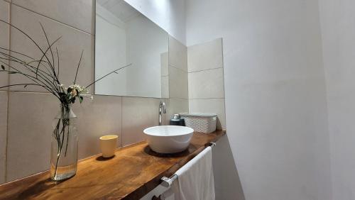 a bathroom with a sink and a vase of flowers on a counter at Entre Las Sierras Tiny House Cabañas in Villa Giardino