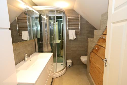 a bathroom with a sink and a shower and a toilet at Alnes Gård in Ålesund