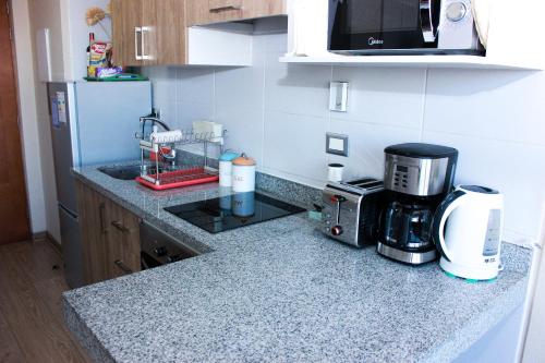 a kitchen counter with a coffee maker and a microwave at Acogedor Departamento estudio en centro de Chillán in Chillán