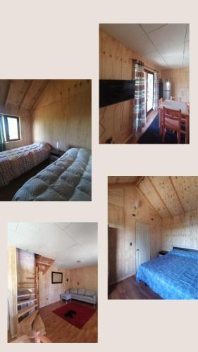 een collage van vier foto's van een slaapkamer bij Chon-Vilú in Chonchi