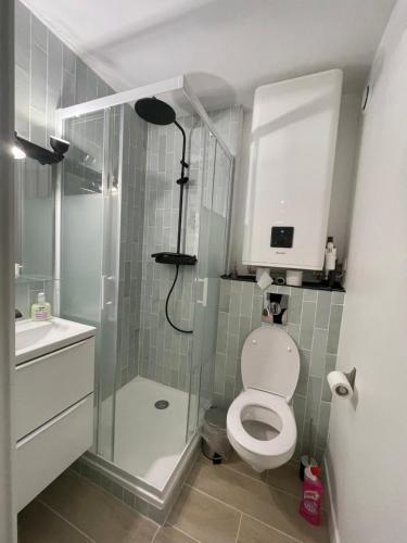 une salle de bain avec une douche, des toilettes et un lavabo dans l'établissement 2p rénové Idéal famille proche de la mer, à Cabourg