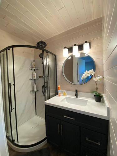 a bathroom with a shower and a sink and a mirror at Sunrise net cottage in Kawartha Lakes