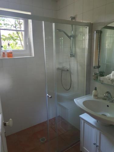 un bagno con doccia e lavandino di Le Clos du Moulin Dijon,sa piscine, son jardin, au calme, la campagne à la ville a Digione