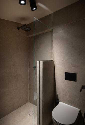 a bathroom with a toilet and a glass shower stall at Pournari Mountain Rooms in Toroni