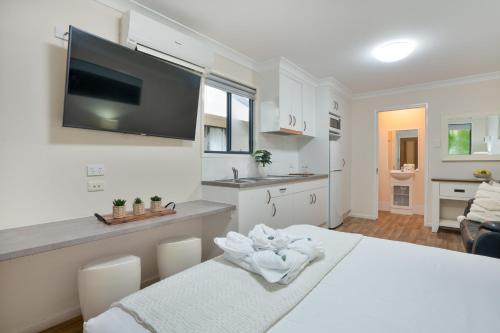 a white room with a bed and a tv on the wall at Tasman Holiday Parks - Torquay Palms in Hervey Bay