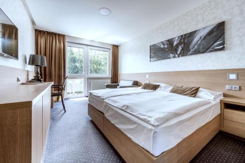 duża sypialnia z dużym łóżkiem i biurkiem w obiekcie Hotel Jezerka w mieście Seč