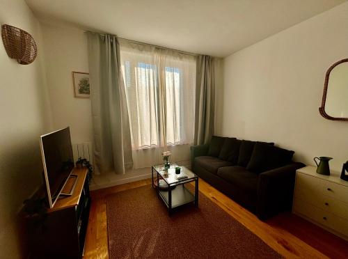 a living room with a couch and a tv at Chez Alex in Asnières-sur-Seine