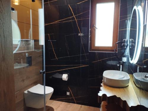 a bathroom with two sinks and a toilet and a mirror at ELFF -Apartamenty i pokoje gościnne in Cisna