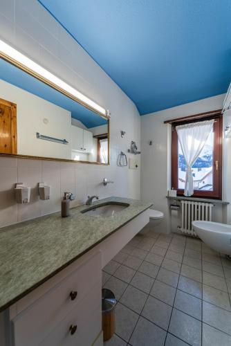 a bathroom with a sink and a mirror at Chesa Silva - Silvaplana in Silvaplana