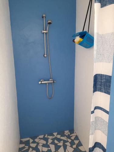 La salle de bains est pourvue d'une douche avec un mur bleu. dans l'établissement Les Chouans, à Noirmoutier-en-l'lle