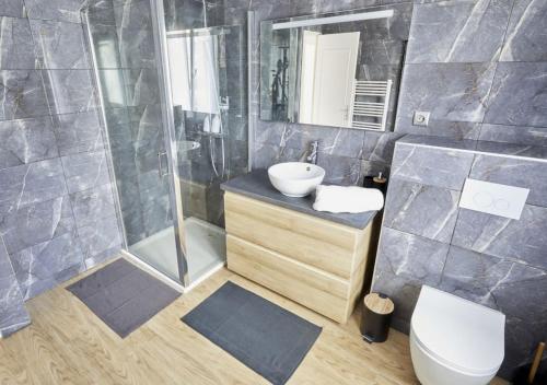 Un baño con ducha, lavabo e inodoro. en Elégant T3 A 5 min de la gare Lille-Flandres, en Mons-en-Baroeul