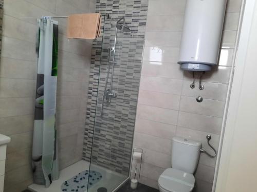 a bathroom with a glass shower with a toilet at Apartman Mitnica in Vukovar