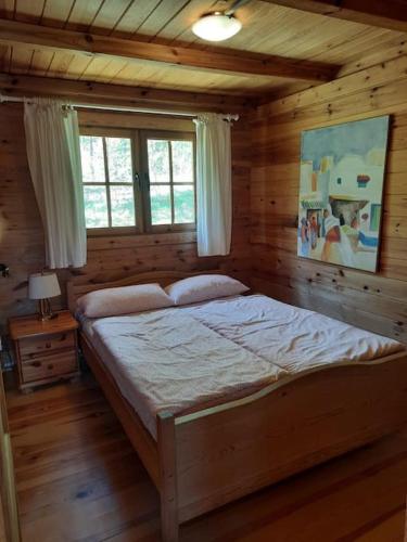 a bedroom with a large bed in a cabin at Czerwony Domek pod lasem in Dziemiany