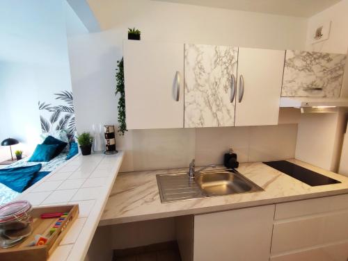 - une cuisine avec un évier et des placards blancs dans l'établissement Nuit au Cœur de Bailly, à Bailly-Romainvilliers